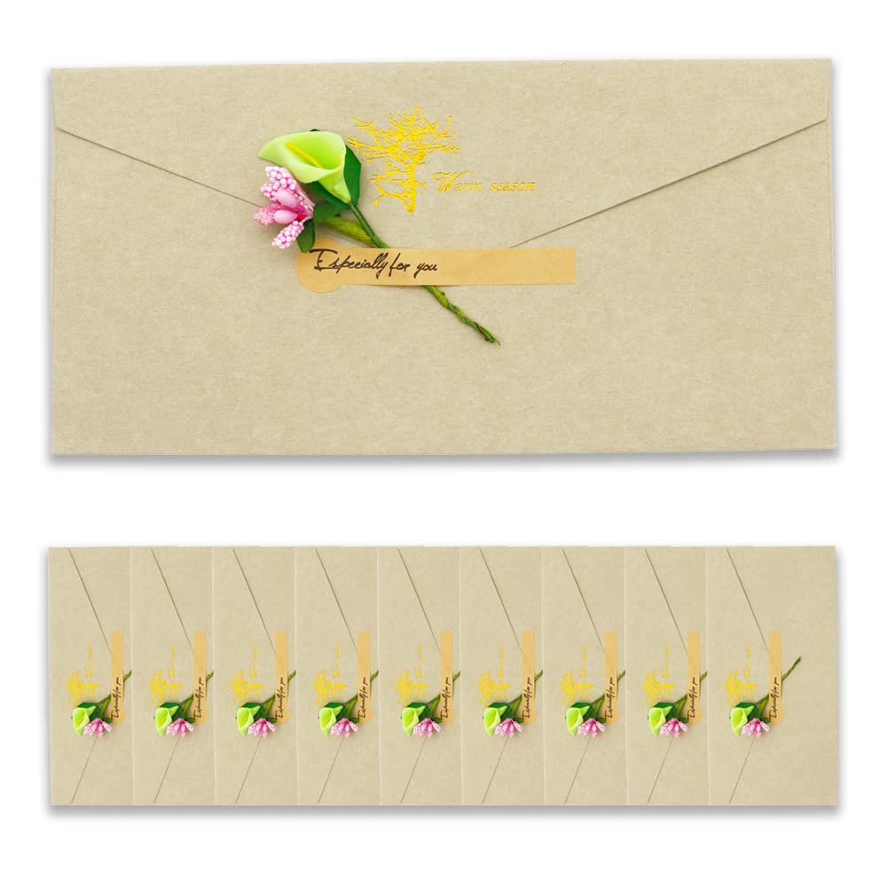 BITEYI 10pcs Fancy Envelopes with Greeting Cards Handmade Dried Flowers and Stickers,Vintage Kraft Paper Envelopes with Postcards (Grey)