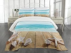 Ambesonne Seashells Bedspread, Wooden Boardwald