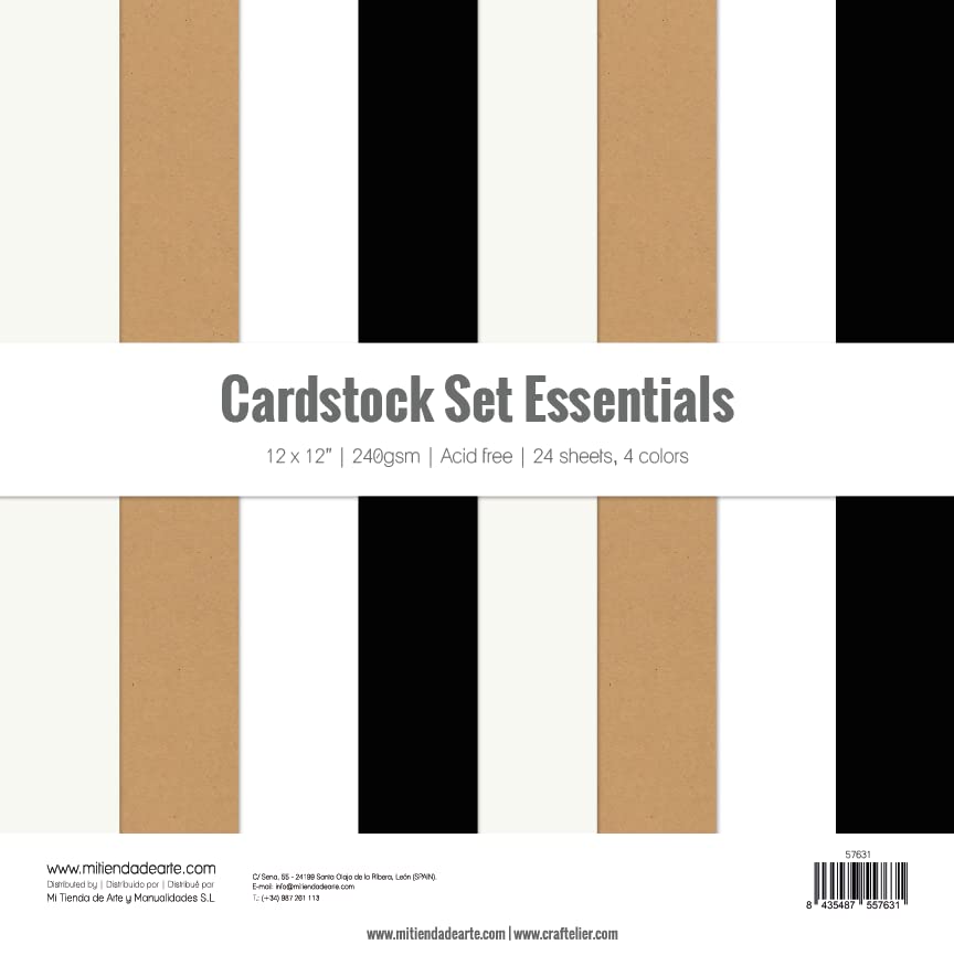 Craftelier - Cardstock Pack | Pack of 24 Cardstock for Scrapbooking and Crafts Projects | Essential Colours – Dimensions 30 x 30 cm | Weight 240 g – Acid Free Papals