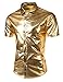 JOGAL Men's 70s Disco Shiny Metallic Gold Silver Short Sleeve Button Down Shirts Large Gold