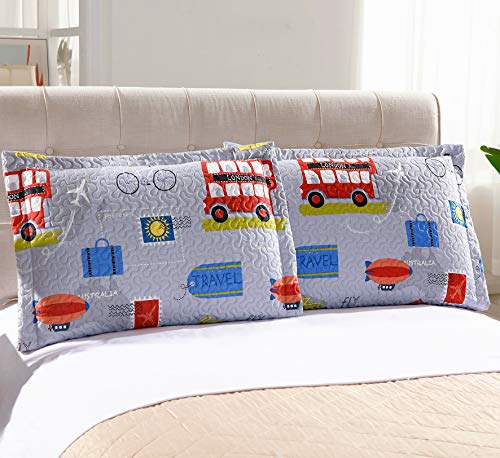 3-Piece Kid\'s Cartoon Public Transportations Quilted Bedspread Coverlet Twin(86x68 Inches),Car,Tax,Bus,Subway Printed Lightweight Quilt Set,Reversible Bedding Set for Boys Girls Children (Twin,Yellow)