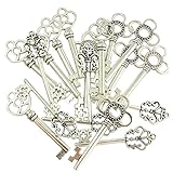 Mixed Set of 30 Vintage Old Look Skeleton Keys Fancy Heart Bow Necklace Pendants (Silver)