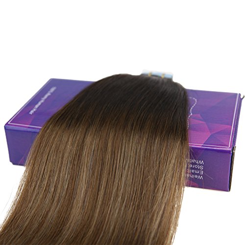 LaaVoo 14" Tape in Balayage Ombre Extensions Color #2 Fading to #5 With Color #18 Highlight Ombre Human Hair Tape Balayage Real Remy Hair Tape Extensions 50gram Per Package - Thumbnail 4