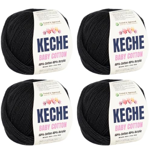 Keche Cotton Yarn, 60% Cotton 40% Acrylic Yarn, Soft Cotton Yarn for Crochet and Knitting, Amigurumi Yarn 4 Skeins/Balls [1.76 Oz (50g) / 180 Yrds (165m)] x 4 - Black