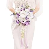 Floinla Bridal Bouquet Cascading, Lilac Purple & White Wedding Bouquets for Bride Bridesmaid 10" Artificial Flowers Bouquet for Wedding Decor