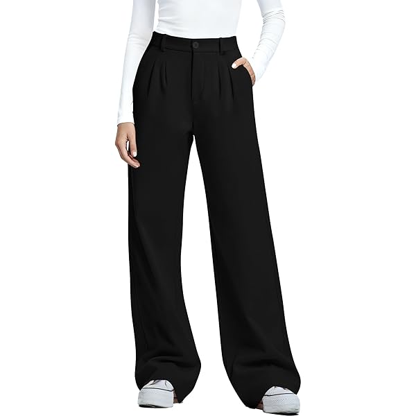 Women's Pants Fall Winter Blend High Waist Wide Leg Zipper Pockets Belt Business Casual Pants