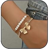 NIQIPOK Gold Bow Bracelet for Women Gold Beaded Bracelet Pearl Bead Bracelet Stackable Stretch Bead Ball Bracelet Gold Statement Jewelry Accessories