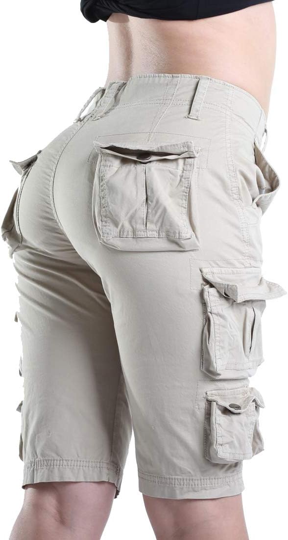 FOURSTEEDS Women's Cotton Loose Fit Zipper Multi-Pockets Twill Bermuda Drawstring Women Cargo Shorts