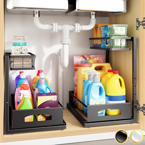 Fabutier Under Sink Organizer, 2 Pack Cabinet Organizer for Kitchen, Height Adjustable Pull Out Heavy Duty 2 Tier Metal Under Sink Storage for Bathroom Pantry (Black, 2 Pack)