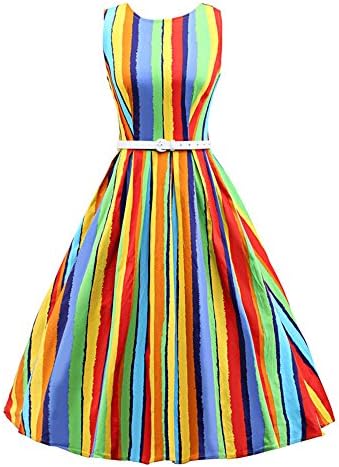 Artkingdome Retro 50s Hepburn Rainbow Stripes Waist Slim Dress