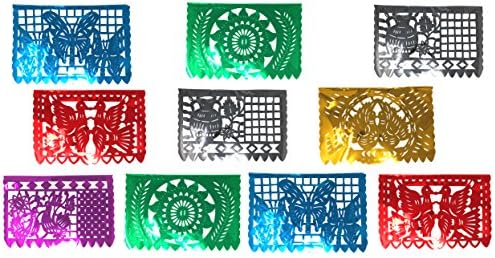 Tio Chente's Metallic Papel Picado Paper Banner with 10 Horizontal Panels - Great for Mexican Party Fiesta Decorations