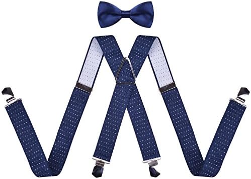 X-Back Work Suspender Adjustable Brace Suspenders And Bowtie Set Navy Polka Dot