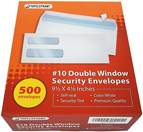 no 10 envelope left double window security self seal, perfect for mailing invoices, professional business letters, and multiple statements. Standard - 4 1/8 X 9 ½’’ Just peel and seal. 500 count.