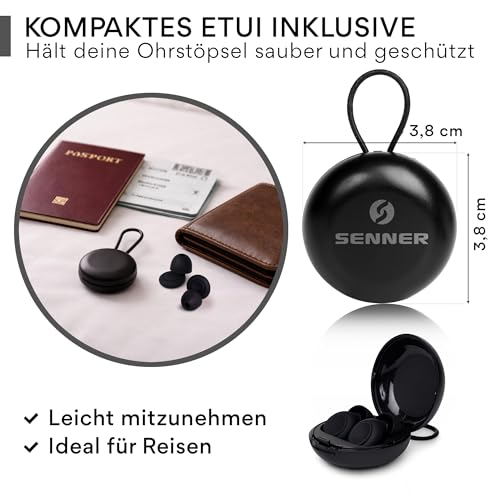 Senner Sleep Ear Plugs for Sleeping for Side Sleepers, Soft Silicone Ear Plugs to Reduce Snoring Noise and Noise, SNR 21dB, EN 352-2, 4 Sizes XS/S/M/L, Reusable, with Case