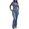 ZFLM Casual Workout Two Piece Outfits for Women Short Sleeve Crop High Waist Foldover Flare Pants Tracksuit Sets Streetwear