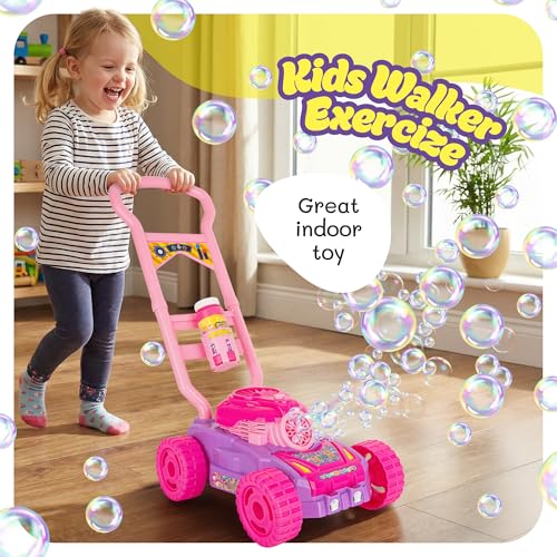 Hoopi Extreme Bubbles Lawn Mower for Toddlers, Spill-Proof Kids Bubble Machine with Lights for 2-Year-Old Girl Birthday Gift, Easter Gifts for Toddlers, Bubble Blowing Push Outdoor Toy with 3 Bottles