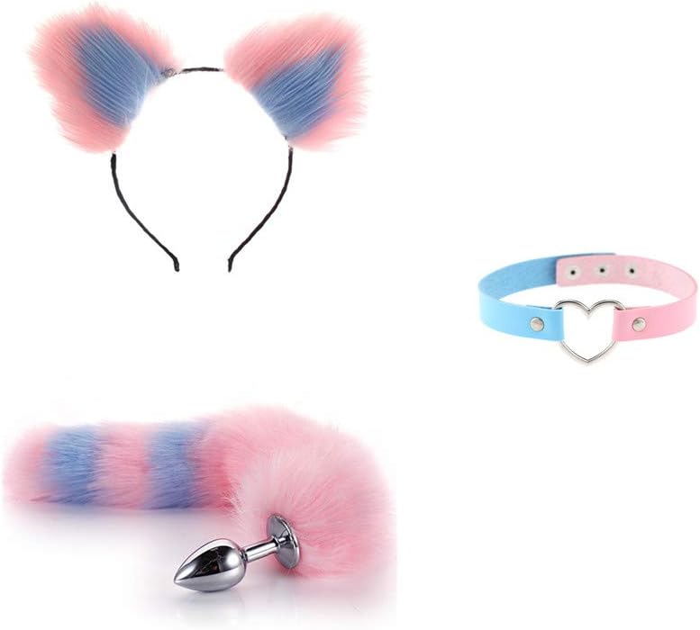 3Pcs/Set Plush Cat Ear Hair Band and Stainless Steel Faux Fox Tail Plug Charms Metal Ring Collar Choker Cosplay(Color:Pink & Blue)