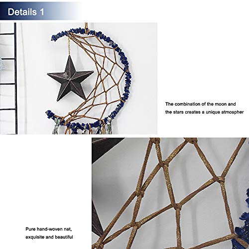 TEESHLY Moon Star Dream Catcher Handmade Crescent Shape Dreamcatchers for Wall Decor, Blue Feather Hanging Ornament for Home Decoration Festival Gift