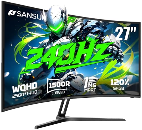 SANSUI 27 Inch Curved 240Hz Gaming Monitor, 2K WQHD 1500R Curved Computer Monitor, 120% sRGB, MPRT 1ms, Freesync, HDR, VESA(100 * 100mm),HDMI*2, DP1.4 * 2(DP Cable Included)