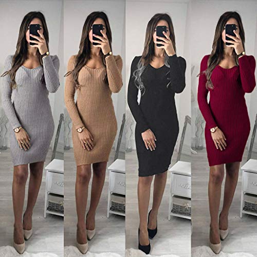 Caopixx Womens Bodycon Sweater Dresses Long Sleeve Crew Neck Casual Winter Knit Midi Dress - Thumbnail 5