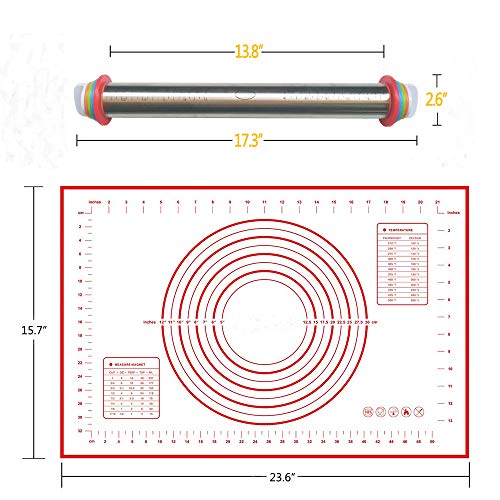 Markmesafe Stainless Steel Rolling Pin, Adjustable Stainless Steel Rolling Pins Dough Roller with 4 Removable Adjustable Thickness Rings and Pastry Mat for Dough, Pizza, Pastry, Pie and Cookies