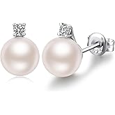 ZDaoBen Small Pearl Stud Earrings for Women, 925 Sterling Silver Cubic Zirconia Pearl Earrings 8MM