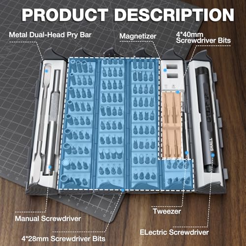 SHALL 127-pièces Kit Tournevis de Précision，Mini-détacheur électrique-Set, avec détacheurs électriques et manuels au style pin pour ordinateurs portables, iPhones, lunettes et électronique