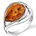 PEORA Genuine Baltic Amber Teardrop Statement Ring for Women in Sterling Silver, Rich Cognac Color, Open Halo Swirl Design, Comfort Fit, Size 8, Real Baltic Amber Ring for Adults, w/Jewelry Box