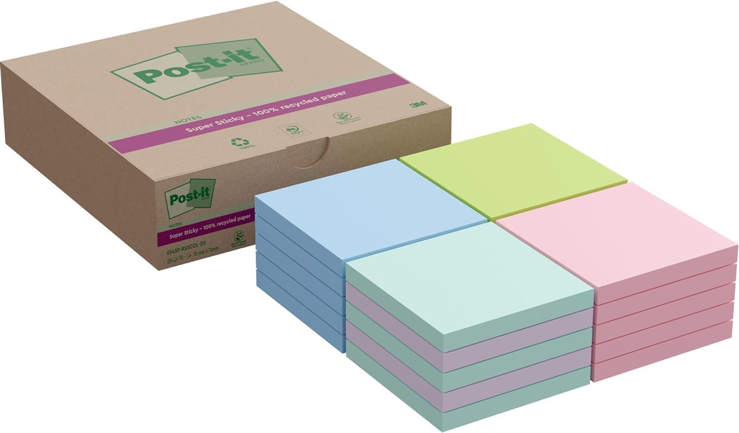 Post-it Super Sticky 100% Recycled Notes, Assorted Colors, Pack of 20 Pads, 70 Sheets per Pad, 76 mm x 76 mm, Blue, Green, Pink Colors - Extra Sticky Notes for Walls, Monitors and Fridge — image 1