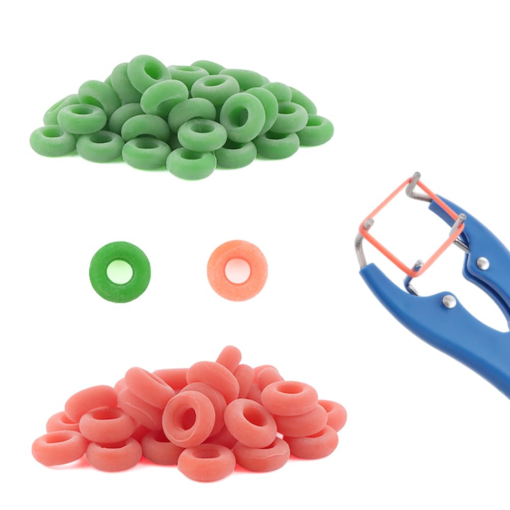 Photo 1 of TWZKXC 200 Pcs 0.23" Latex Castration Bands Castration Rings, Castrating Bander Tool for Animals Livestock Pig Cow Goats(100 Green, 100 Orange)