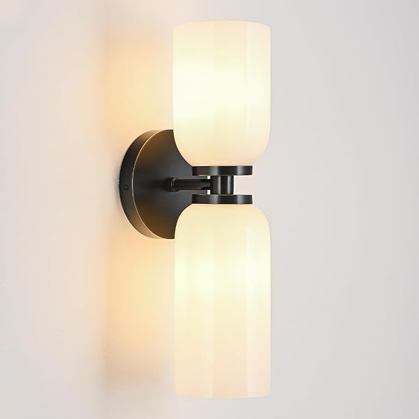 FONTA VERDE COPPER 2-LIGHT VINTAGE WALL SCONCES, MATTE BLACK VINTAGE WALL SCONCE LIGHT, WHITE FROSTED GLASS MODERN BATHROOM SCONCES, WALL SCONCE FOR BEDROOM, BATHROOM, INDOOR