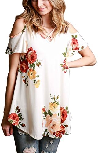 YanLee Women's Floral Print Tee V Neck Cold Shoulder Tops (X-Large, White)