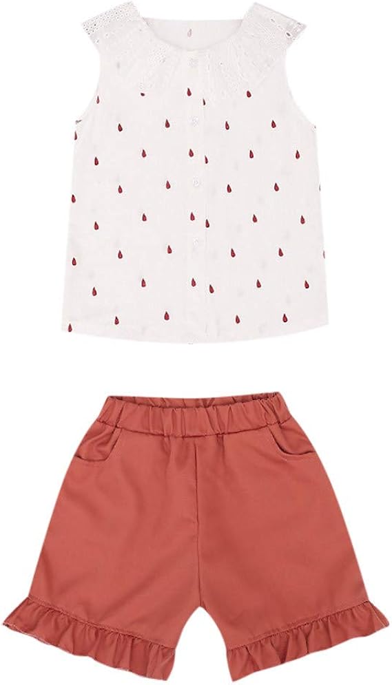 Amazon Charku 子供服 女の子 女児 洋服 おしゃれ 可愛い キッズ服 女の子 夏服 二点セット カジュアル Tシャツ 袖なし レース折りえり 水玉 プリント ゆったり ショートパンツ ズボン ガールズ 普段着 着回し 春着 夏物 110 160 シャツ ブラウス 通販