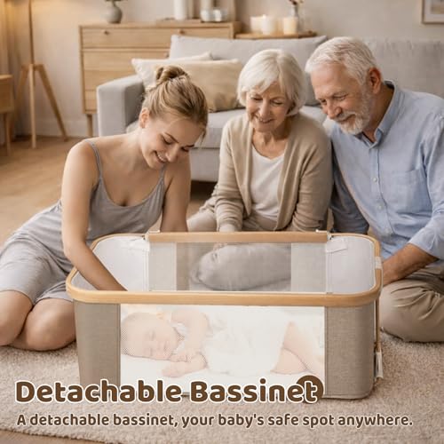 Baby Bassinet, Rocking Bedside Sleeper, Detachable & Portable Bassinet with 8-Level Height, Breathable Mesh, Storage Basket & Rotating Mobile Toy for Newborns Infant(Khaki)