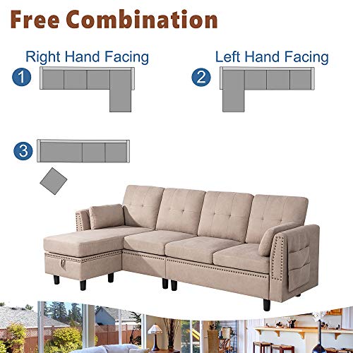 JY QAQA Convertible Sectional Sofa Couch with Reversible Chaise, L