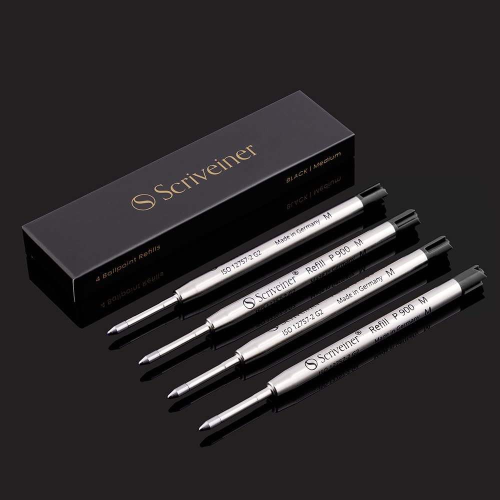 Photo 1 of Scriveiner Ballpoint Refill Black Medium - 4 Ballpoint Refills Designed Pens - Stainless Steel Tip with Tungsten-Carbide Ball Refill M - Made in Germany