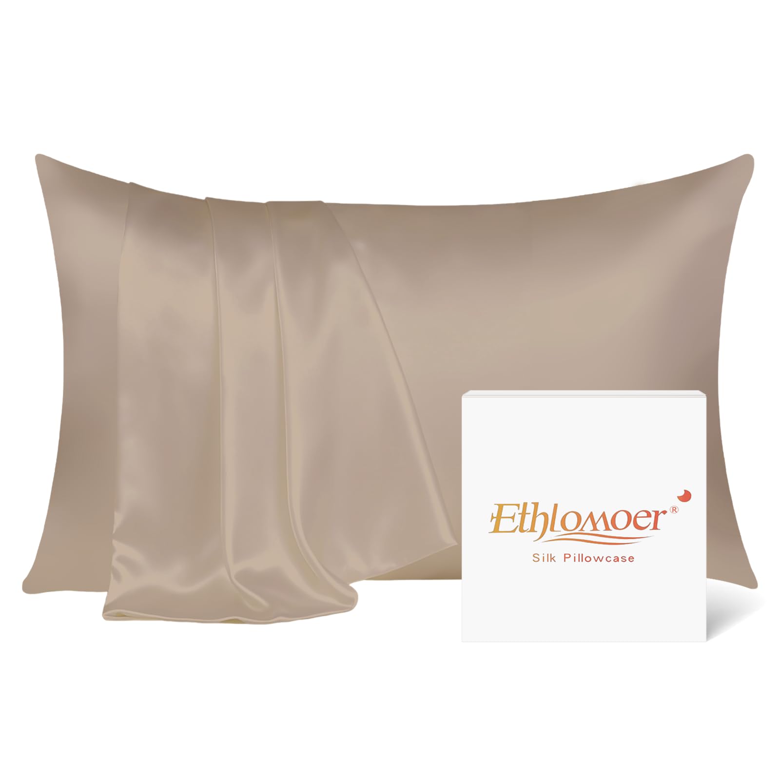 Ethlomoer Natural Pure Silk Pillowcase for Hair and Skin, Both Side 19mm, Hypoallergenic, 600 Thread Count, Smooth Silk Pillow case with Hidden Zipper, Gifts for Women Men, 50x75 cm (Taupe)