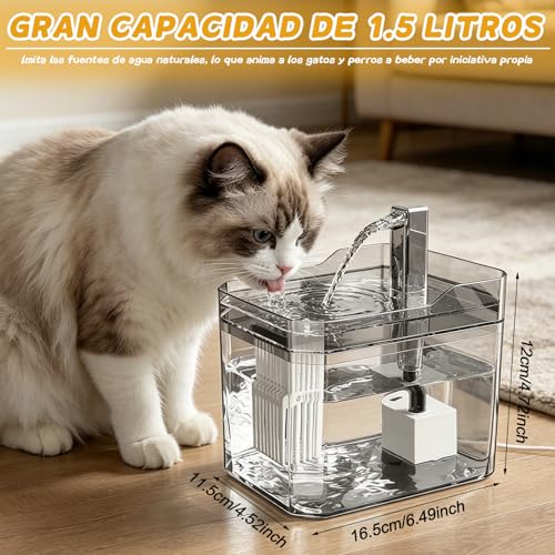 Rantuia Bebedero para Gato, 50.73oz/1.5L Bomba de Agua Ultrasilenciosa Fuente para Gatos Diseño Silencioso, Filtración de 4 Etapas Libre de BPA, Fuente Agua Gato para Apto Gatos y Perros
