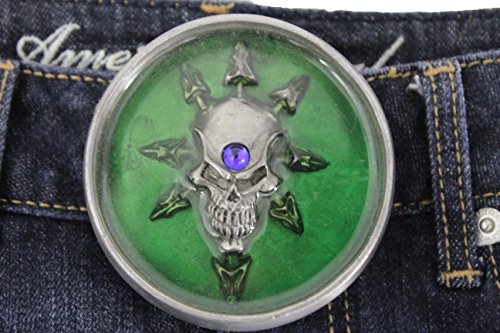 TFJ Men Women Gothic Belt Buckle Punk Biker Silver Metal Compass Skeleton Skull Green
