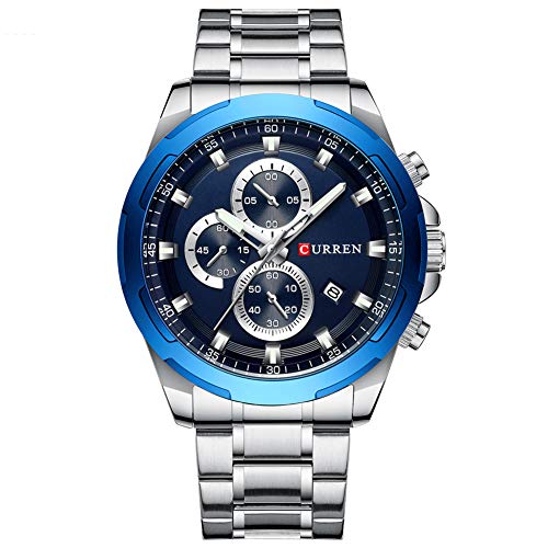 Curren 8354 - Reloj de Pulsera Deportivo para Hombre, con múltiples Zonas horarias, Fecha, Acero Inoxidable, Color Azul