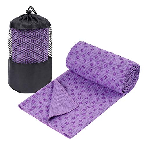 Galsports Non Slip Hot Yoga Towel, Skidless Waffle Texture, 100% Absorbent Odorless Microfiber, Standard Sized 24''x72'' Mat Towel, Ideal for Hot Yoga, Bikram, Pilates (Purple)