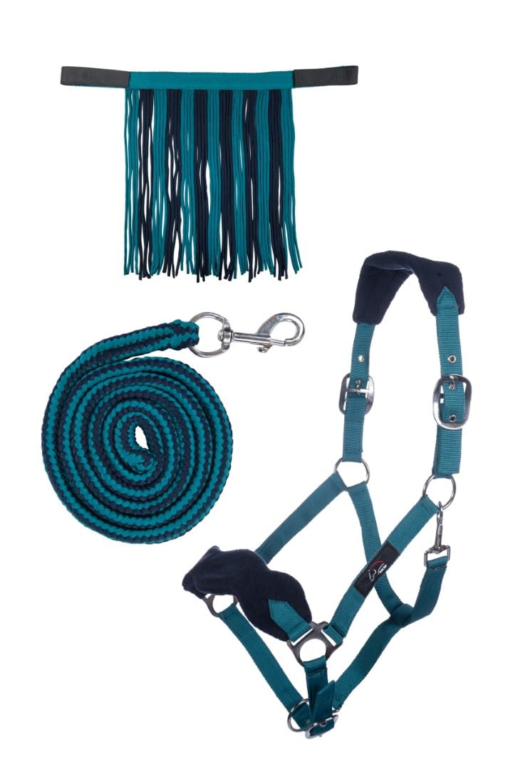 HKM Head collar set with snap hook & fly fringe Petrol/Navy Full
