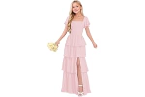 wyxis Tiered Ruffles Junior Bridesmaid Dresses Chiffon Flower Girl Dress for Wedding Pageant Formal Dresses for Girls