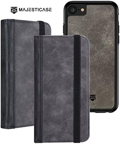 Majesticase iPhone 7 Plus Premium Suede Leather Wallet Case + Detachable Removable Magnetic Hybrid Protective Shell Cover & Elastic Band Closure [Book Style] Card Holder - Charcoal Black