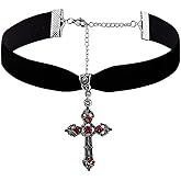 GYRMMUE Gothic Cross Necklace, Vintage Red Crystal Gem Cross Pendent, Black Velvet Gothic Choker - Halloween, Christmas, New Year Goth Witch Jewelry for Women (S+R)