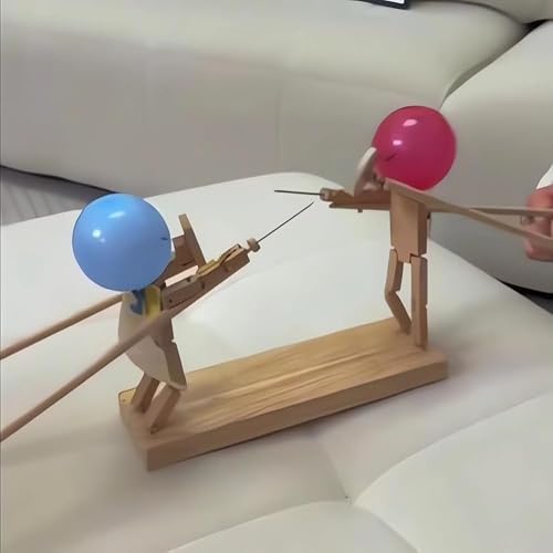 Handmade Wooden Fencing Puppets Battle Game for 2 Players - Fast-Paced Balloon Fight Whack a