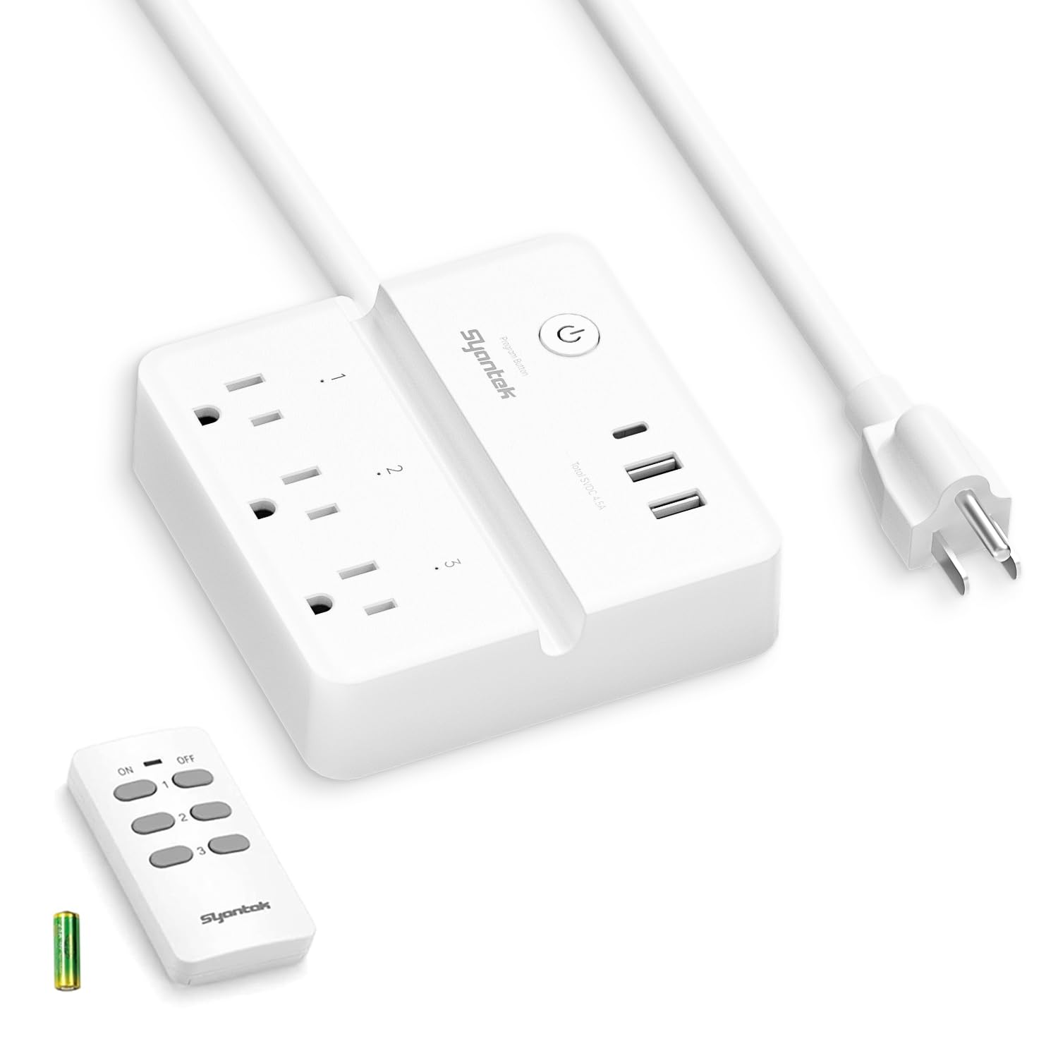 Photo 1 of (MISSING REMOTE) Syantek Remote Control Power Strip with 3 RF Controlled Outlets Surge Protector Power Strip with 3 USB Ports, Phone Holder, 15A/1875W 4ft Cord Remote Control Outlet Plug for Home Office