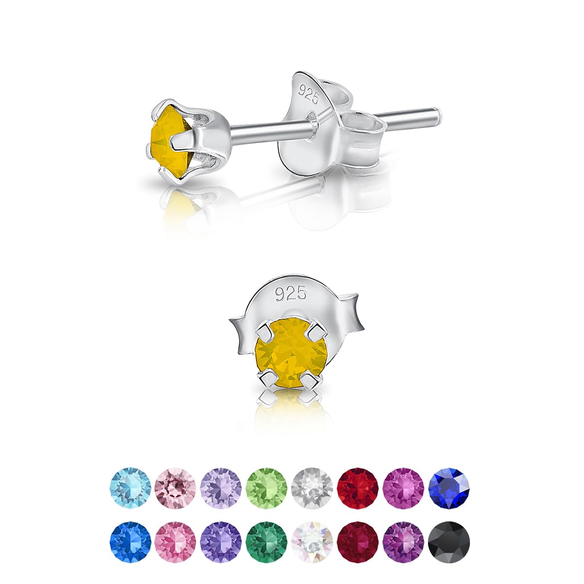 925 Sterling Silver Round Tiny Stud Earrings made with Glittering Crystals - Small Silver Studs Earrings for Woman - Diameter: 3 mm - Colour : Yellow Opal