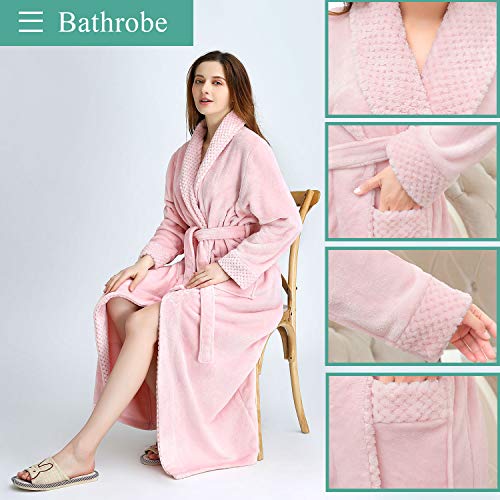 Women's Long Flannel Bathrobe Ultra Soft Plush Microfiber Fleece Robes (S/M, Pink) - Thumbnail 3