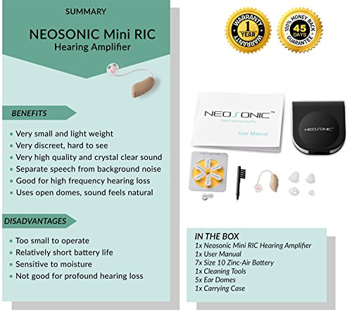 Neosonic Hearing Amplifier Mini RIC, Tiny yet Powerful Digital Sound Amplifying Devices with Adaptive Feedback Cancellation and 4 Preset Listening Programs, for Adults and Seniors (Beige, Left)